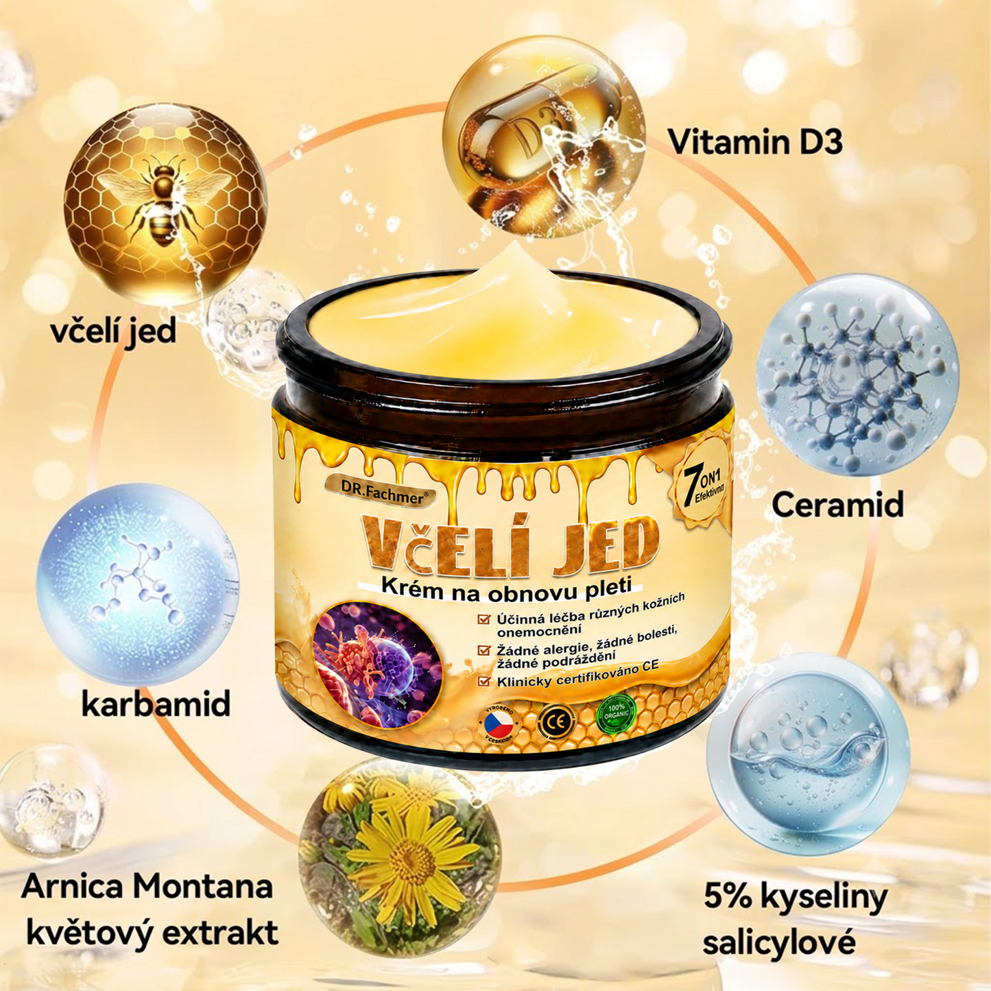 ⚡Dermatologicky a klinicky testováno👩‍⚕️DR.Fachmer®Bee Venom Krém na obnovení pleti🐝 pomáhá při léčbě kožních problémů, jako jsou: vrásky, jizvy, pigmentové skvrny, strie, akné, psoriáza, ekzém, kožní změny, podráždění, záněty a další kožní problémy.